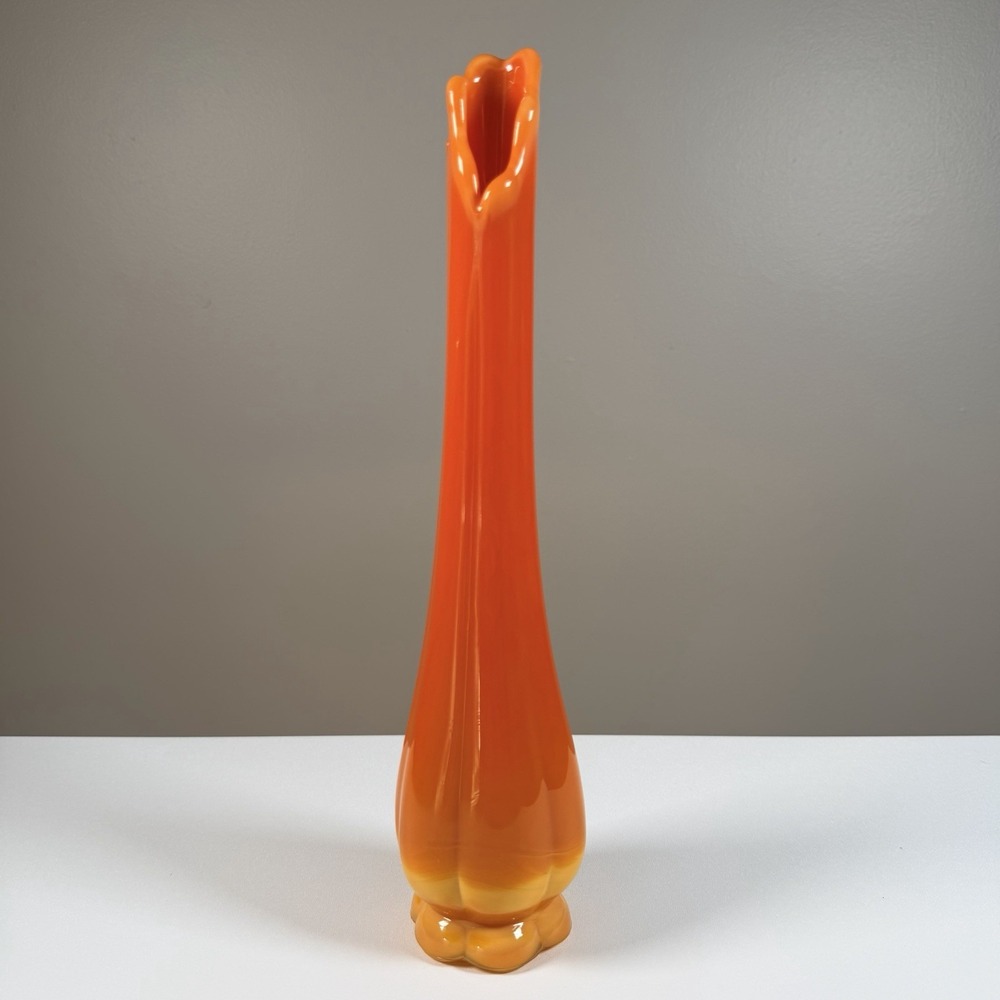 Vintage L.E. Smith Bittersweet Orange Swung Glass Vase 12" MCM UV Glow